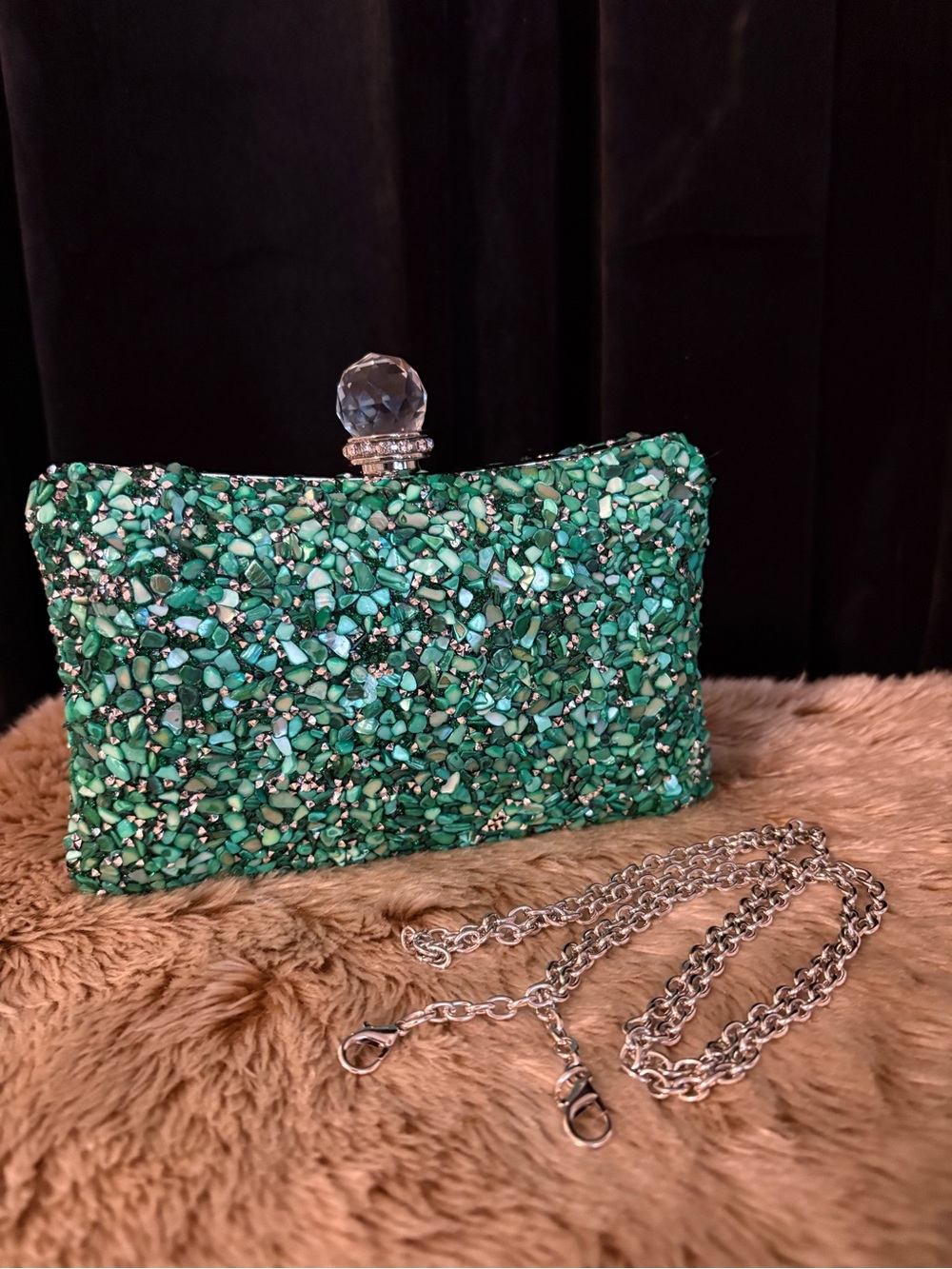 Green Beaded Evening Clutch with Crystal Kiss-Lock